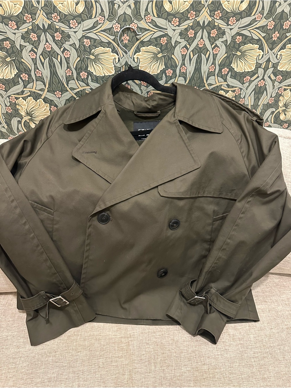 Olive Green Short Double-Breasted Trench Coat